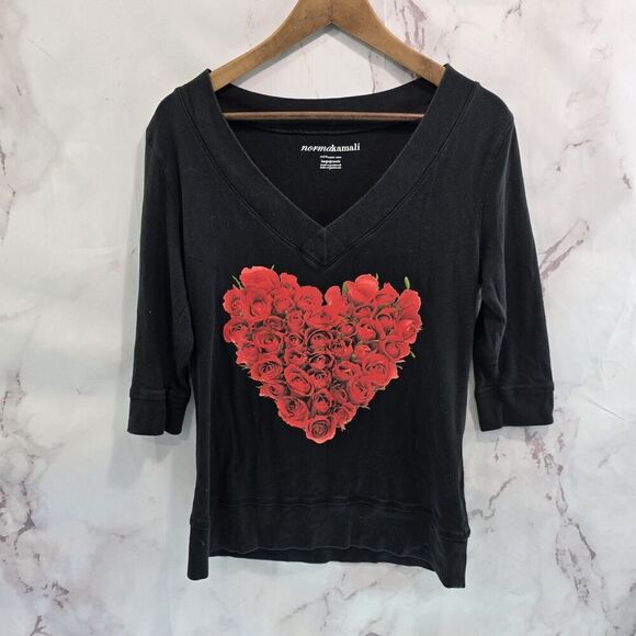 Norma Kamali T Shirt Womens Large Black Red V Tee Heart Rose Basic Organic - Picture 1 of 9